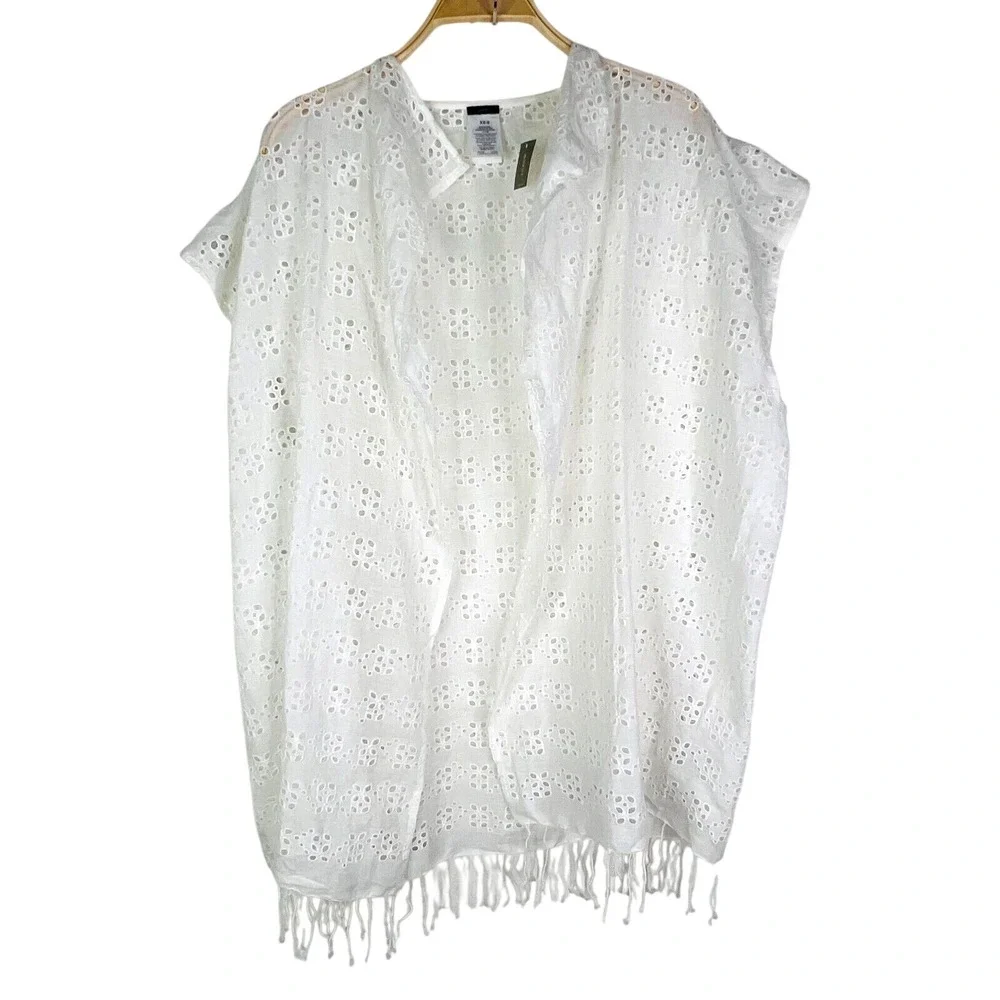 J.Crew Eyelet Wrap Womens XS/S White NEW Linen‎ Blend Fringe Coverup BI827
